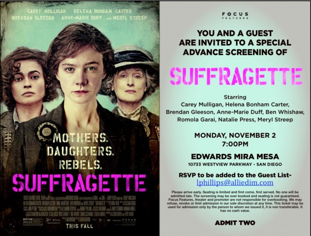 RSVP for FREE admission to a screening of " Suffragette" 